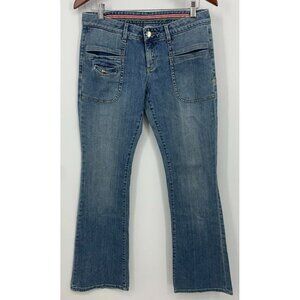 Hurley Women Denim Jeans Size 9 Blue Flare Low Rise Zip Button Logo Boho Surf